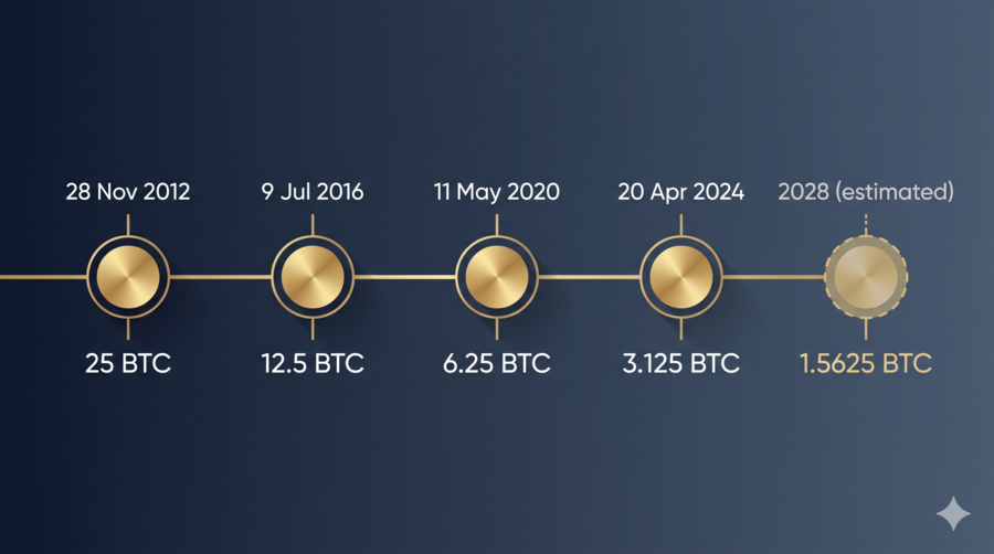 Línea temporal con las fechas de los halvings de Bitcoin
