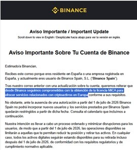 Comunicado oficial en el que Binance asegura que dejará de operar a partir del 01 de julio en Europa
