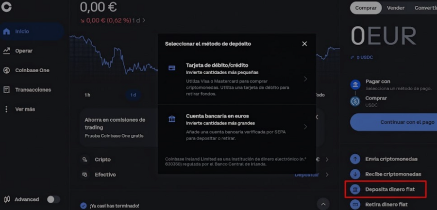 Depositar dinero en coinbase