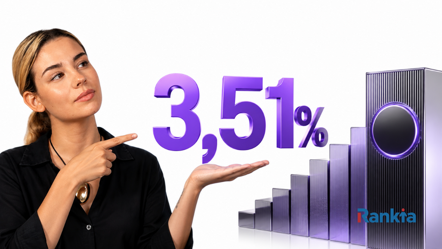 Paula Díaz Linares, periodista de banca en Rankia, aparece en primer plano sobre fondo claro señalando una cifra de 3,51% en color violeta. A la derecha se muestran elementos gráficos con barras ascendentes de estilo moderno que representan crecimiento y rentabilidad, junto al logotipo de Rankia.