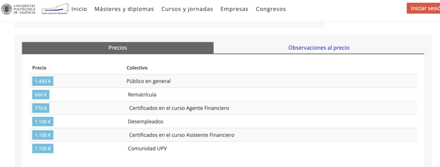 Precios curso preparatorio EFA en la UPV