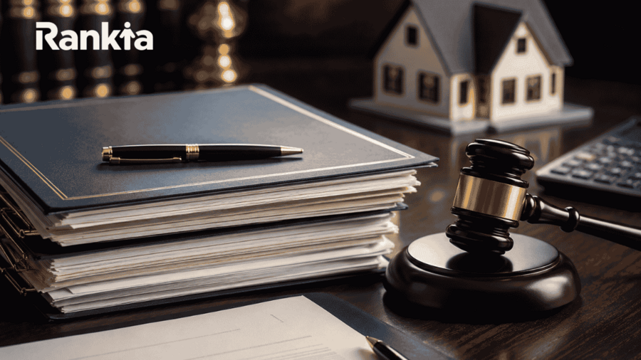 Documentos hipotecarios y legales junto a un mazo de juez, una casa en miniatura y una calculadora sobre una mesa de despacho.