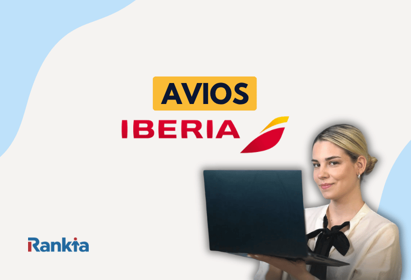 Mujer con portátil junto a los logotipos de Avios e Iberia sobre fondo claro