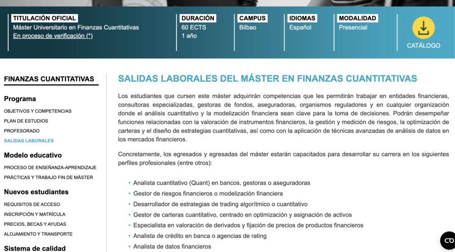 Salidas laborales del máster en Finanzas Cuantitativas de Mondragon Unibertsitatea