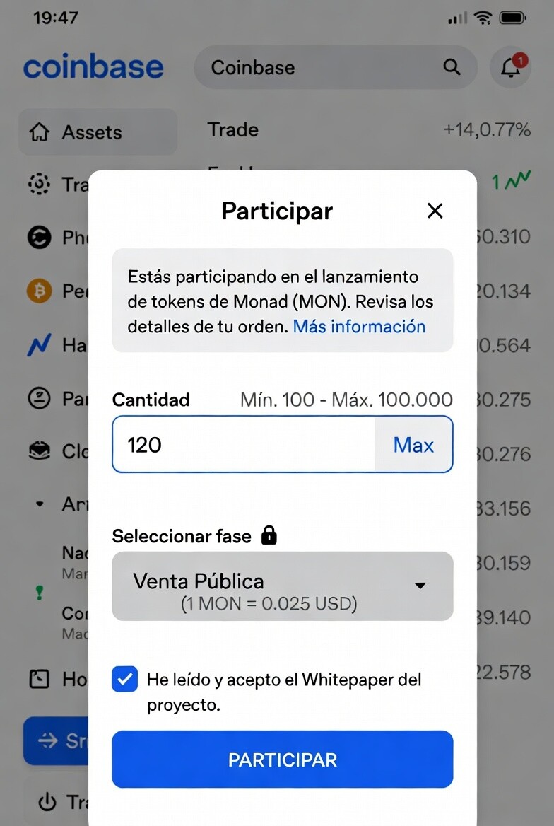 Preventa Monad desde Coinbase