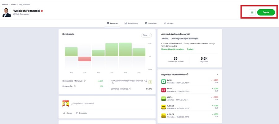 Wojciech Poznanski, uno de los popular investor de eToro