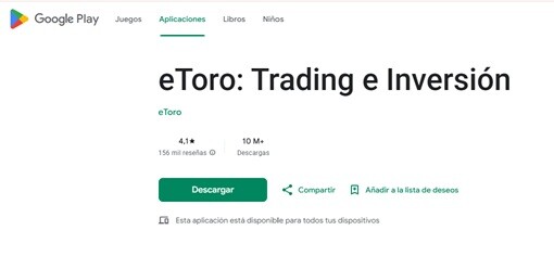 eToro opiniones en Google Play Store