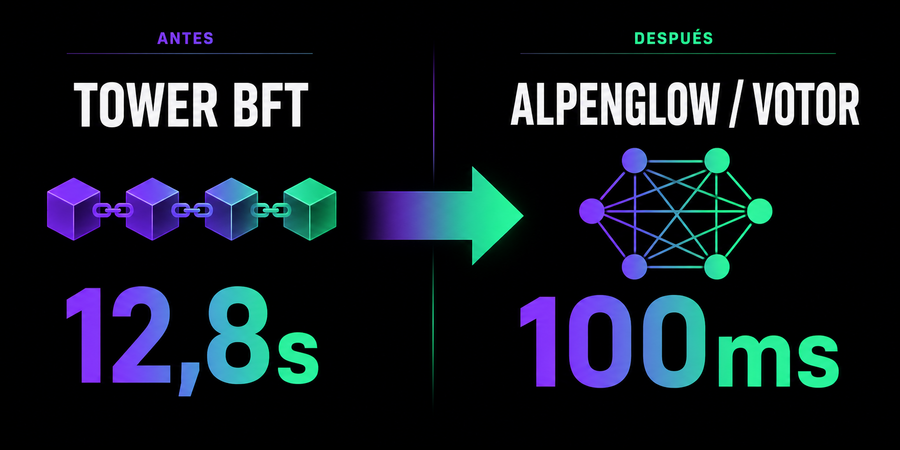 Diagrama comparativo del consenso de Solana, Tower BFT frente a Alpenglow con Votor.