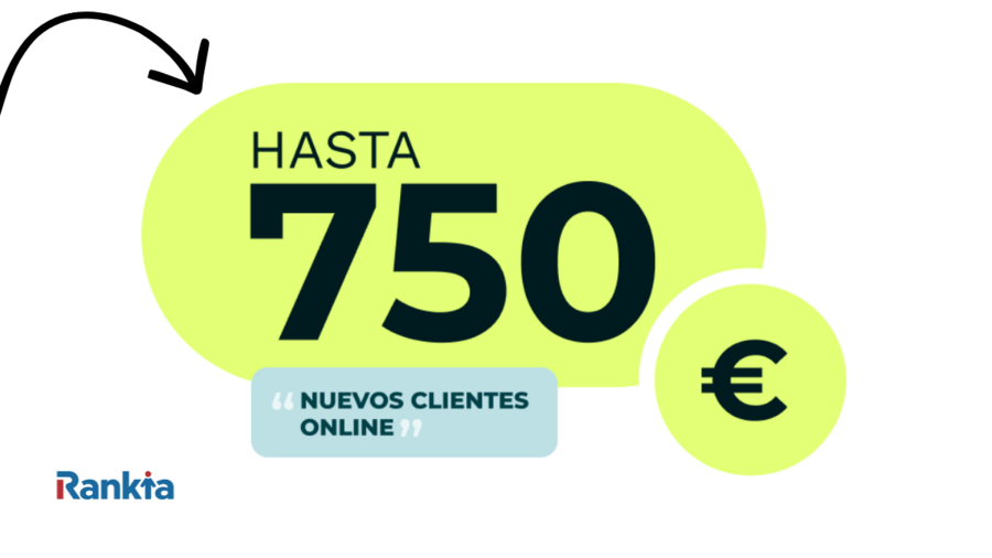 Fondo gris claro aparece el texto "Hasta 750 €" en gran tamaño dentro de una figura verde, acompañado de un símbolo del euro y una flecha negra que dirige la atención hacia la oferta. Debajo se lee "Nuevos clientes online" y en la esquina inferior izquierda aparece el logotipo de Rankia.