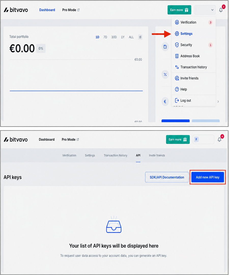 Pantalla de configuración de claves API en Bitvavo para conectar un bot de trading