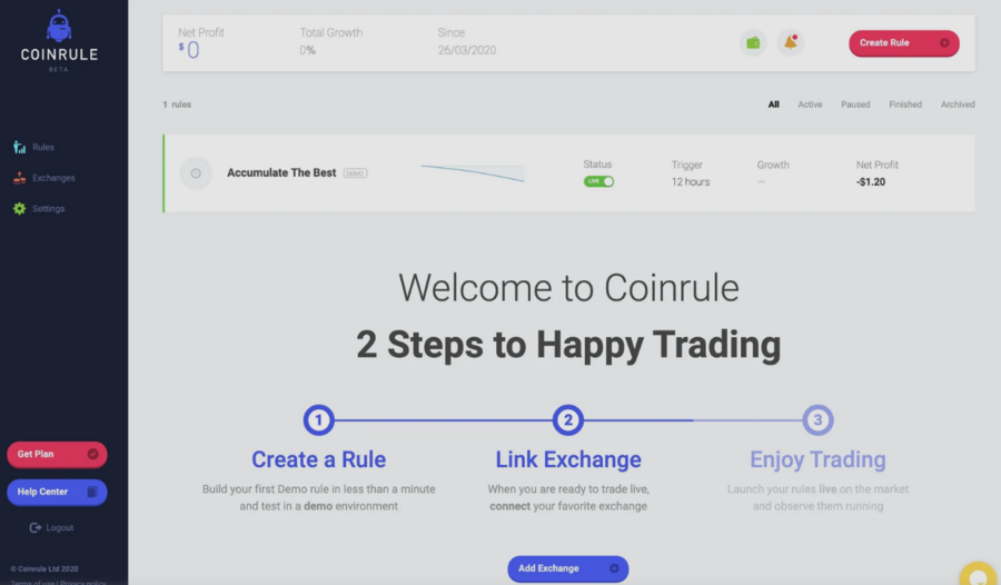interfaz de Coinrule