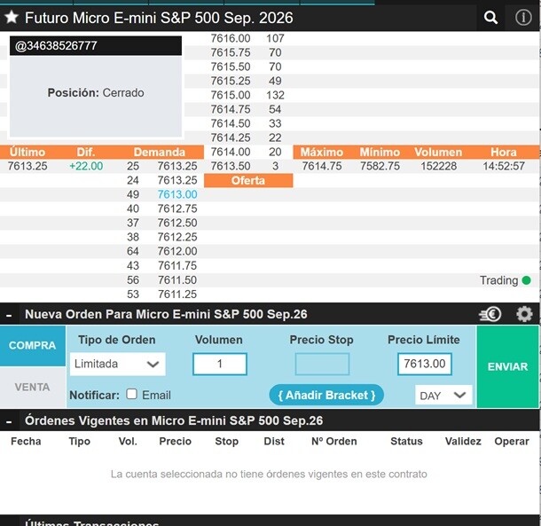 Creación de una orden de compra (con stop loss) sobre el futuro de Micro S&P 500
