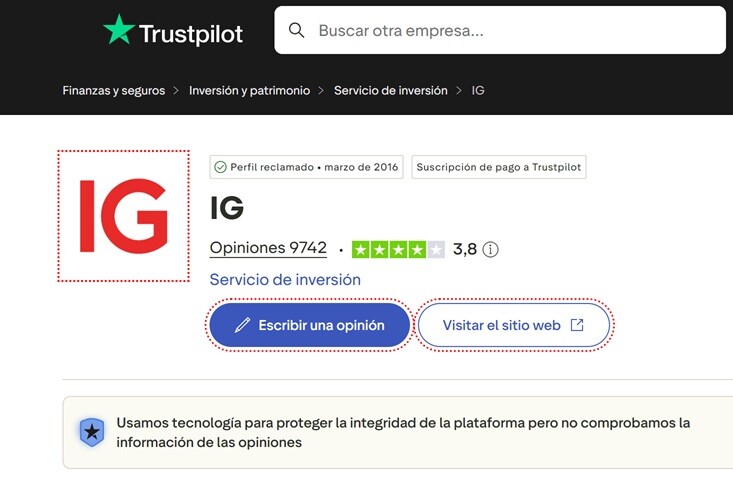 Opiniones de los usuarios de IG en Trustpilot