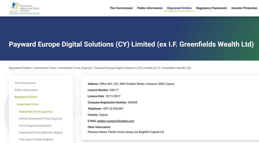 Payward Europe Digital, está regulado por CySEC