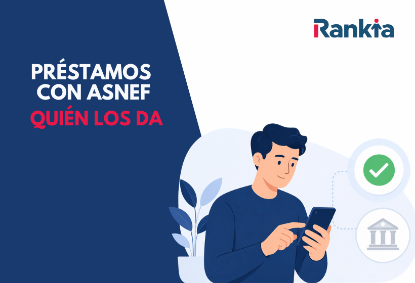 Ilustración plana de un hombre revisando su teléfono móvil, acompañado de un icono de verificación verde y un icono de banco en gris, sobre un fondo blanco con detalles en azul marino.