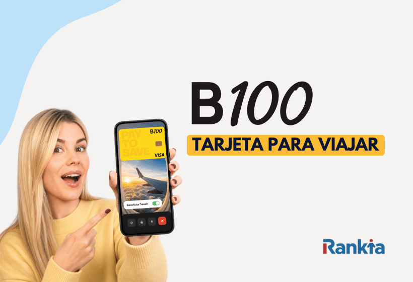 Imagen de portada sobre la tarjeta B100 para viajar, con una mujer mostrando la app Pay to Save en su móvil.