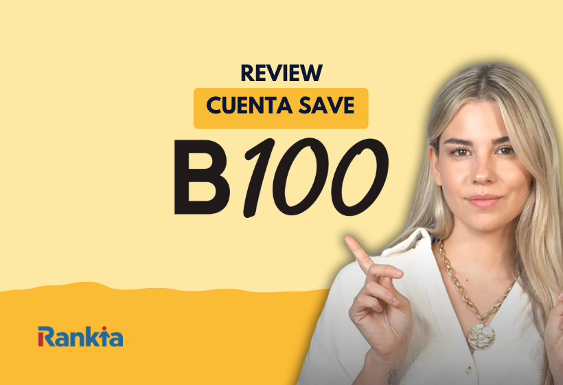 Imagen de fondo amarillo con el texto 'Review Cuenta Save B100' en letras negras y una mujer rubia con blusa blanca y collar dorado señalando hacia el título con el dedo, junto al logo de Rankia en la esquina inferior izquierda.