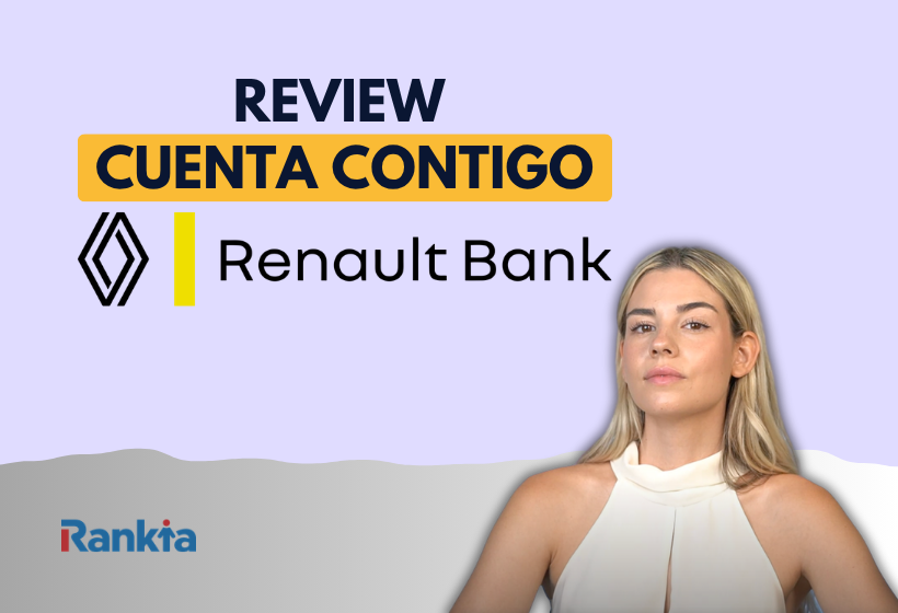 Fondo lila con el título «Review Cuenta Contigo», logotipo de Renault Bank y una mujer presentadora en primer plano.