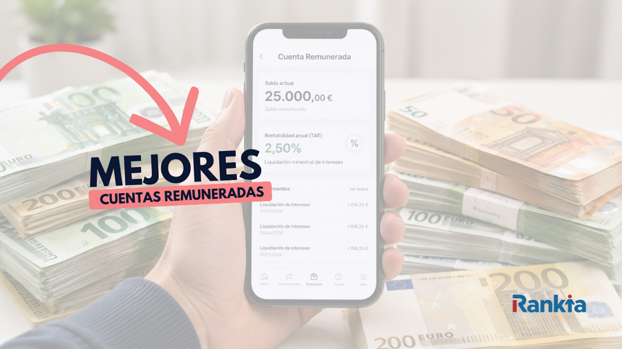 Imagen de portada de las 9 mejores cuentas remuneradas de septiembre de 2026, con una persona sosteniendo un móvil que muestra una cuenta remunerada, rodeado de billetes de euro y el logo de Rankia.