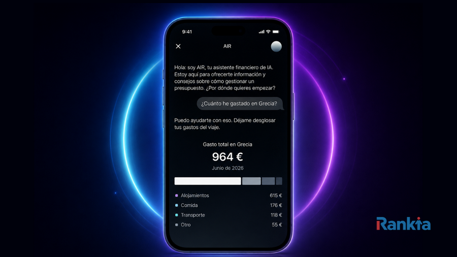 Imagen de un teléfono móvil mostrando Revolut AIR, el asistente de IA de Revolut, con un desglose de 964 euros gastados en Grecia entre alojamiento, comida, transporte y otros gastos.