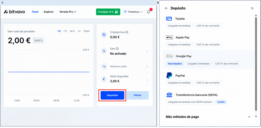 ingresa euros en Bitvavo