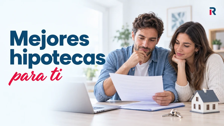 Pareja comparando las mejores hipotecas para comprar su vivienda con documentos y llaves sobre la mesa.