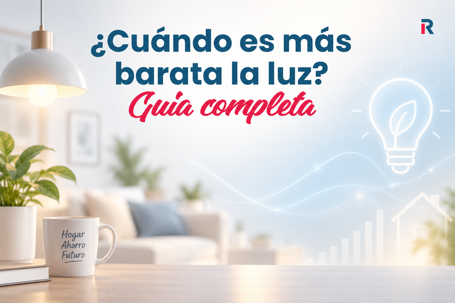 Portada de una guía sobre cuándo es más barata la luz, con una lámpara encendida, un hogar luminoso y elementos gráficos relacionados con el ahorro energético.