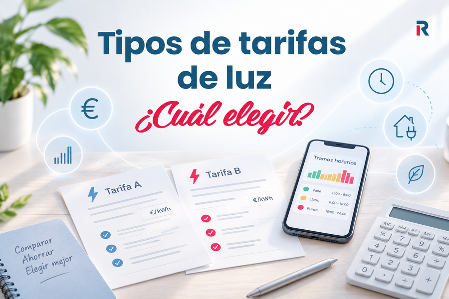 Portada sobre tipos de tarifas de luz, con documentos de comparación, un móvil con tramos horarios, calculadora e iconos de precio, consumo y eficiencia energética.