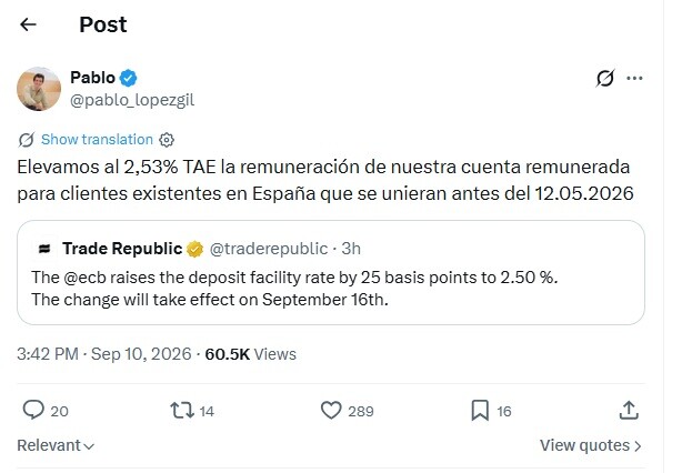 Subida de la cuenta remunerada de Trade Republic al 2,5% TIN