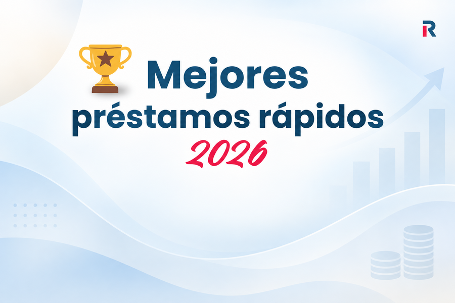 Trofeo dorado junto al texto “Mejores préstamos rápidos 2026”, sobre un fondo azul claro con gráficos financieros y una flecha ascendente.