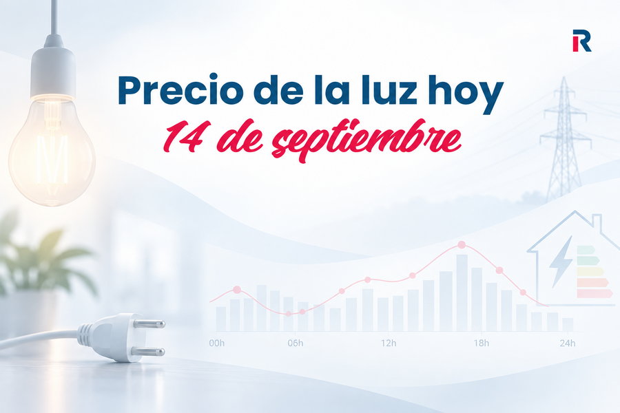 Precio de la luz hoy, 14 de septiembre, con gráfico de precios por horas, bombilla, enchufe y elementos de consumo eléctrico.