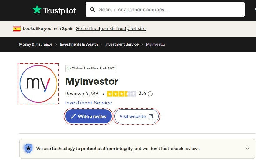 MyInvestor opiniones de los usuarios en Trustpilot