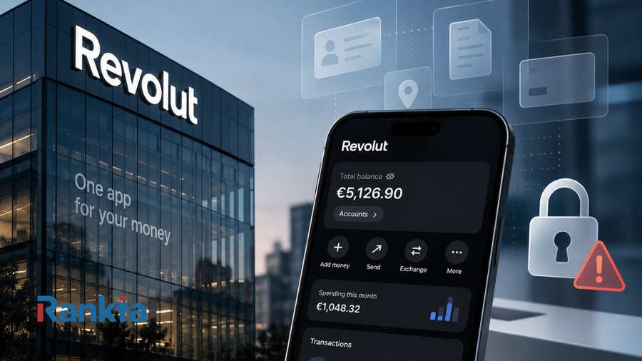 Edificio de Revolut junto a un móvil con la aplicación bancaria abierta, acompañado de iconos de datos personales y un candado con señal de alerta sobre seguridad.