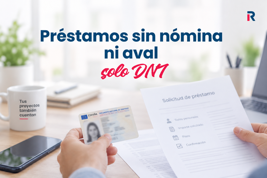 Persona solicitando un préstamo online con su DNI y documentación, junto al texto “Préstamos sin nómina ni aval, solo DNI”.