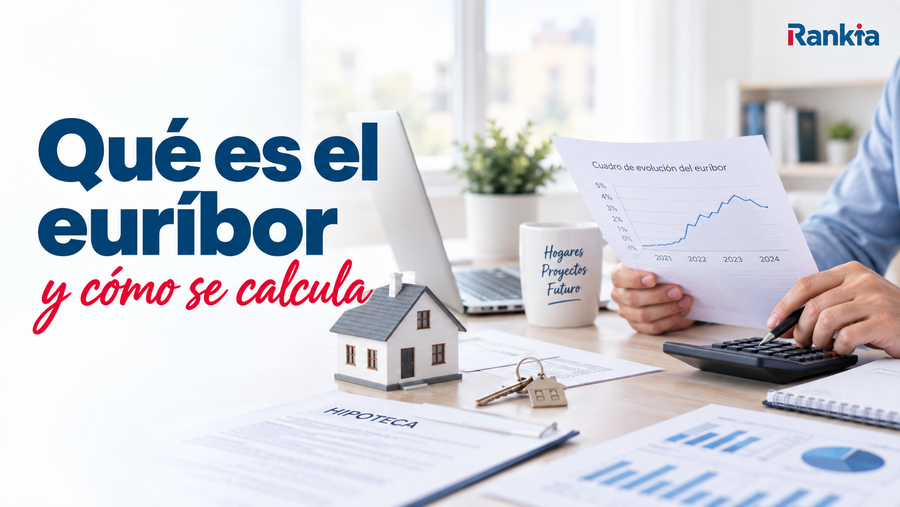 Portada sobre el euríbor con el texto “Qué es el euríbor y cómo se calcula”, sobre una mesa con maqueta de casa, calculadora, gráficos y documentación hipotecaria.