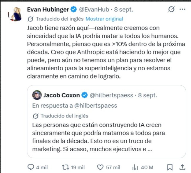 Tweet de Jacob Coxon donde sugiere los peligros de la IA
