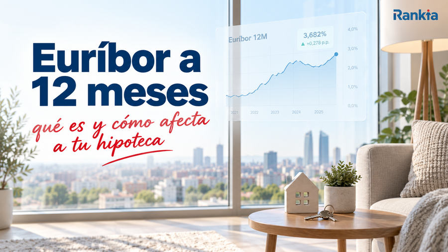 Portada sobre el euríbor a 12 meses con una vivienda, llaves y un gráfico de evolución del índice frente a una vista urbana.