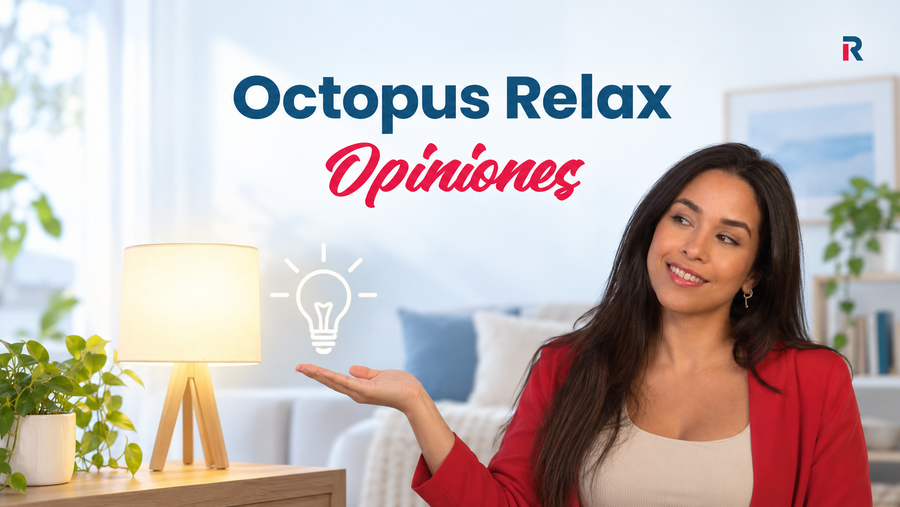 Mujer valorando la tarifa Octopus Relax mientras presenta un símbolo de energía doméstica.