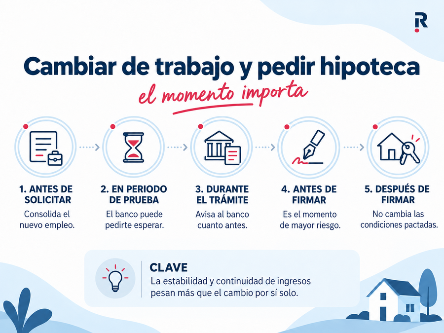 Infografía con cinco escenarios sobre cómo afecta cambiar de trabajo antes, durante y después de solicitar una hipoteca.