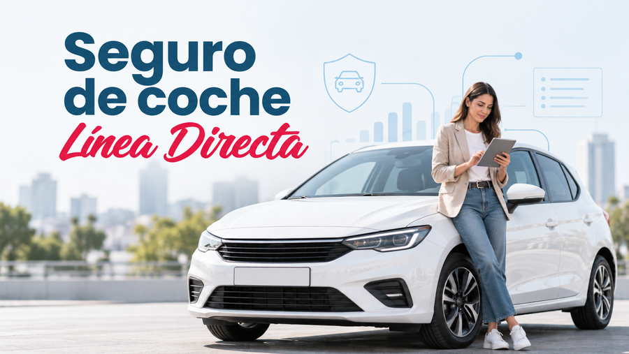 Conductora consultando las coberturas de su seguro junto a un coche blanco, con elementos gráficos de análisis.
