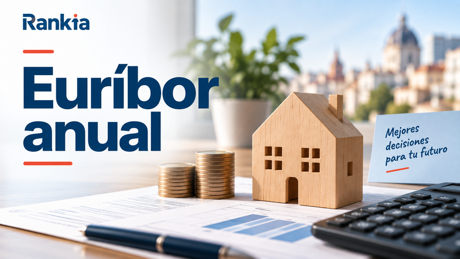 Euríbor anual, con una vivienda, monedas y calculadora sobre una mesa.