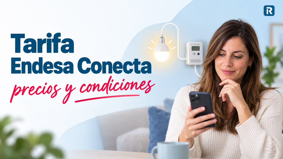 Mujer consultando en su móvil la tarifa Endesa Conecta junto a una bombilla y un contador eléctrico.