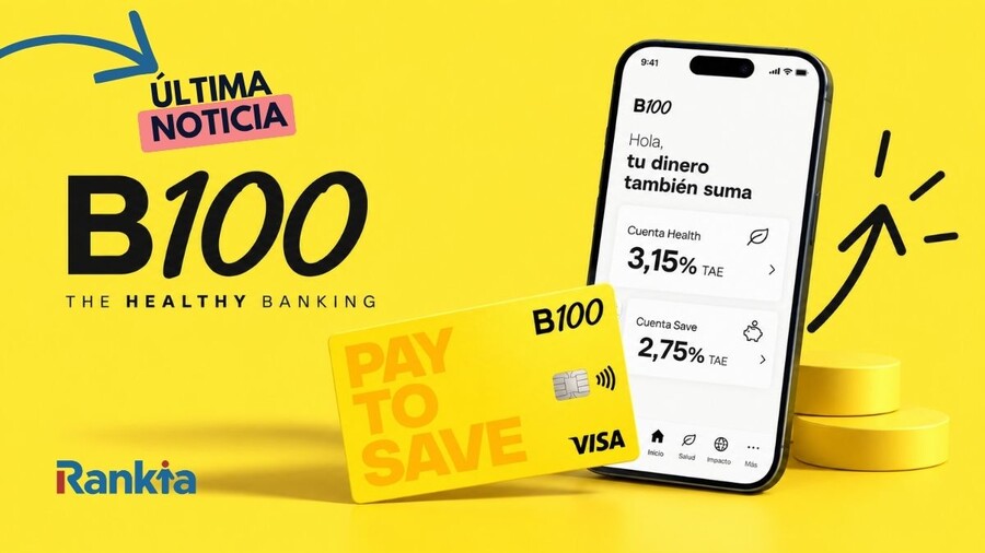 Imagen de B100 con una tarjeta amarilla y un móvil que muestran las cuentas Health al 3,15% TAE y Save al 2,75% TAE.