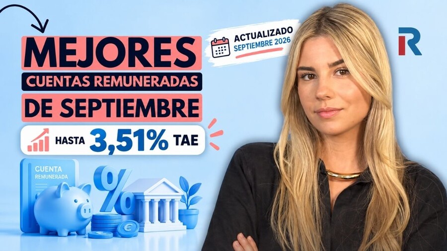 Imagen de una mujer junto a un gráfico de cuentas remuneradas, una hucha, monedas y símbolos bancarios, con el texto “Mejores cuentas remuneradas de septiembre” y “hasta 3,51% TAE”.
