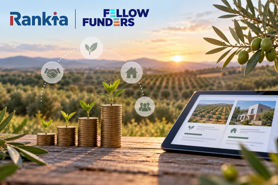 Imagen de crowdfunding agrícola con Fellow Funders, cultivos, inversión participativa y proyectos inmobiliarios.