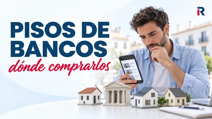 Hombre comparando pisos de bancos en el móvil junto a varias viviendas en miniatura.