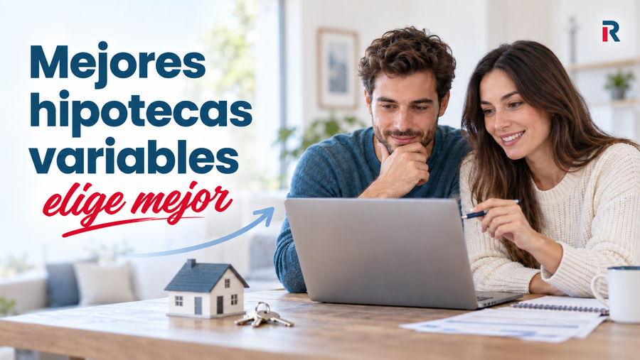 Pareja comparando las mejores hipotecas variables desde un ordenador junto a una maqueta de vivienda.