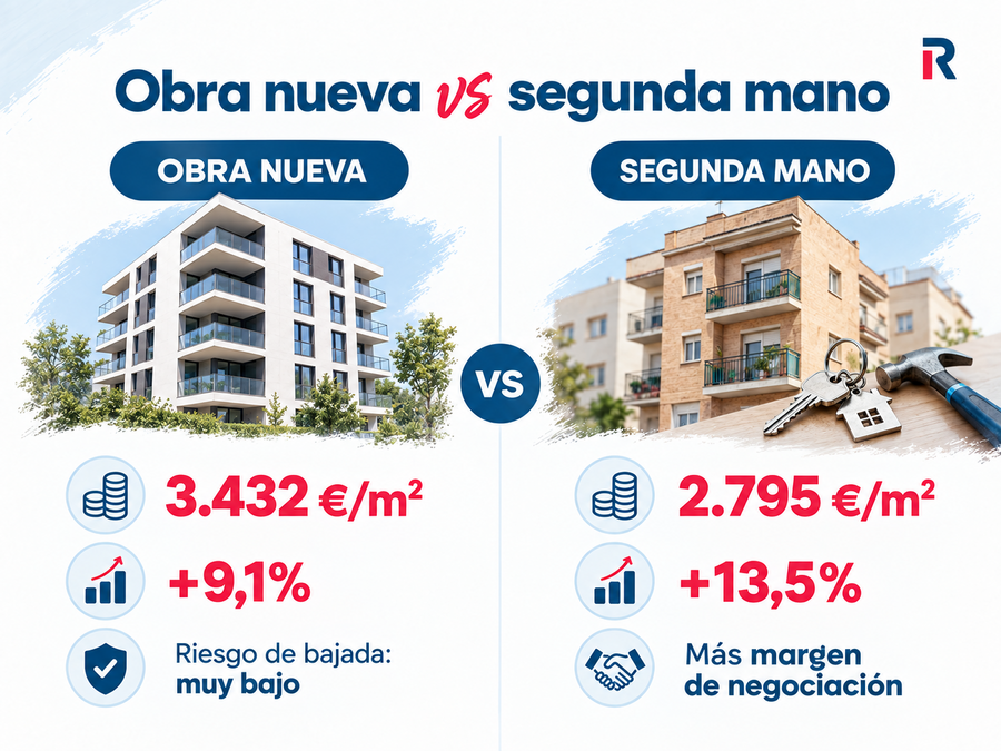Comparativa de precios y evolución anual de la vivienda nueva y de segunda mano en España.
