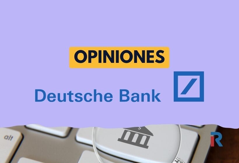 Portada con el texto 'Opiniones Deutsche Bank' sobre fondo lila, con el logo del banco y un teclado con icono de banco y lupa de fondo.