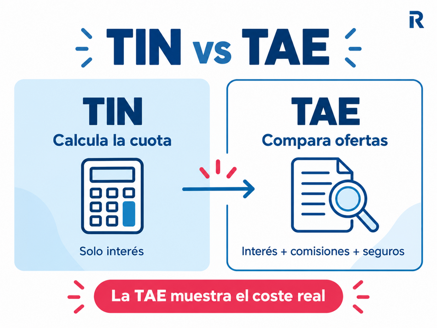 Comparación entre el TIN, que calcula la cuota, y la TAE, que refleja el coste real de la hipoteca.